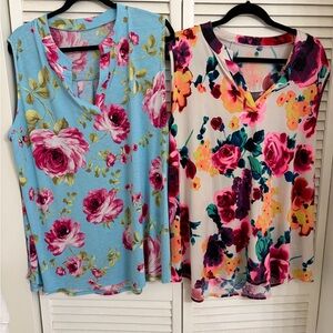 Floral Sleeveless Women's Tops - Blue and Cream